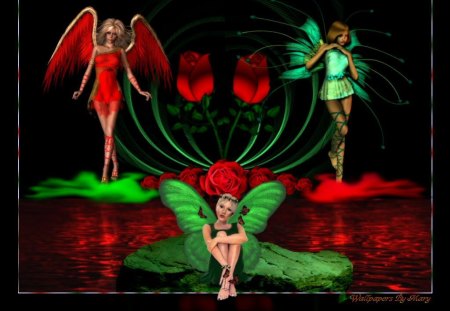 Red And Green Beauties - roses, fairies, flowers, water