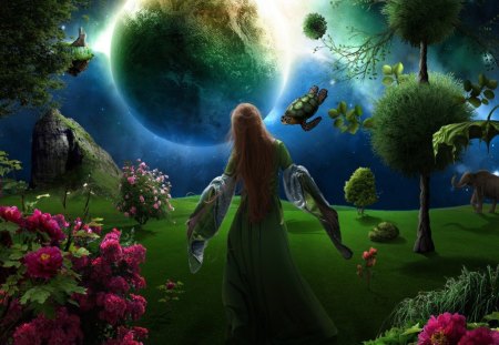 Mother Nature Garden - girl, fantasy, trees, animals