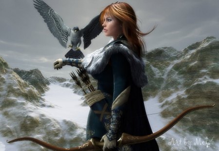 The Falconer - woman, women, redhead, warrior, magic, fantasy, bird, cgi, falconer, 3d, snow, falcon