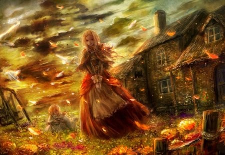 Autumn - autumn, pumpkin, hair, ginger, halloween, art, yellow, cloud, anime, orange, house, manga, girl, day, child, red, blonde