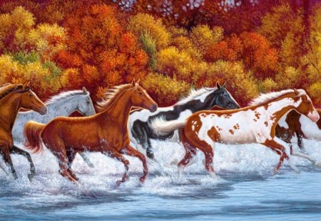 Herd of horses in river - shore, herd, red, waters, splash, nice, trees, beautiful, sea, lovely, river, nature, horses, autumn, painting, waves, ride, bunch, bank