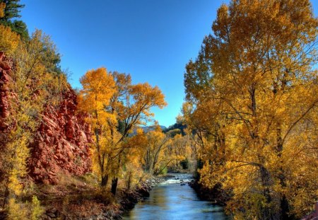 river - river, trees, blue, autumn