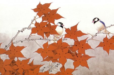 Leaves and birds - bird, branch, autumn, painting, chinese, leaf, art, asian