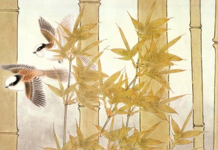 Birds in the bamboo forest - birds, chinese, forest, bamboo, autumn, painting, leaf, art, asian