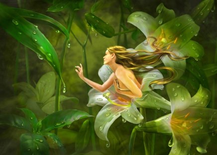 Lady of the camellias - woman, dreams, nice, camellias, hair, fantasy, pretty, romance, green, golden, dreamer, love, lady, girl, lovely, glow, romantic, beautiful, twilight, flowers