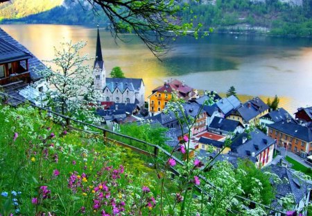 Lovely view - calm, summer, mountain, flowers, nice, sunlight, greenery, mirrored, village, river, nature, green, cottages, hallstatt, villas, europe, town, roofs, grass, reflection, austria, shore, riverbank, view, lake, houses, branches, water, beautiful, lovely, glow, cabins, shine