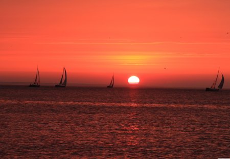 Sunset - water, sunset, boats, sail