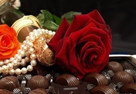 chocolate, champagne and roses - candy, pearls, champagne, chocolate, still life, rose