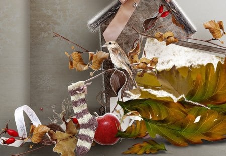 Winter Begins - autumn, winter, berries, apples, bird, bird house, fall, cold, stocking, snow, leaves, sock