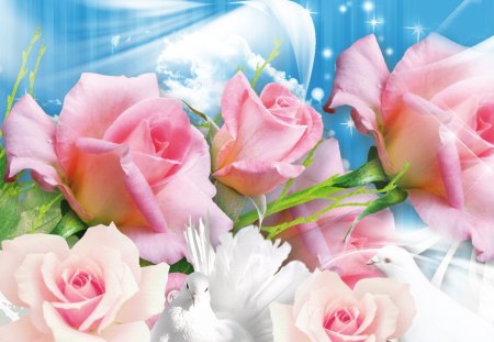 Pink Roses and Turtle Doves - stars, roses, peace, summer, sparkle, glow, doves, fleurs, blue, flowers