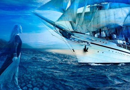 Waiting - woman, ocean, sky, sail, collage, pondering, waiting, fantasy, waves, ship, blue, sea, boat