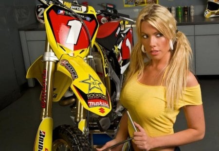 Girl and Motorcycle - girl, garage, motorcycle, model