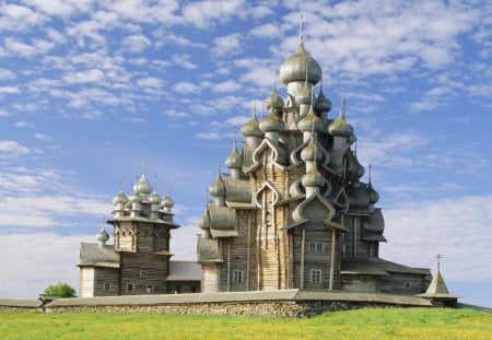 magnificent wooden cathedral - wood, domes, clouds, cathedral, grass