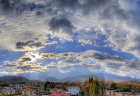 clouds over a beautiful valley town hdr - sky, mountains, town, clouds, valley, hdr