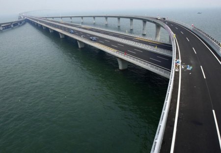 ramps to the longest bridge in the world - cars, bay, blacktop, ramps