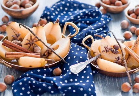 sweet pears - delicacy, cinnamon, pears, table, hazelnuts