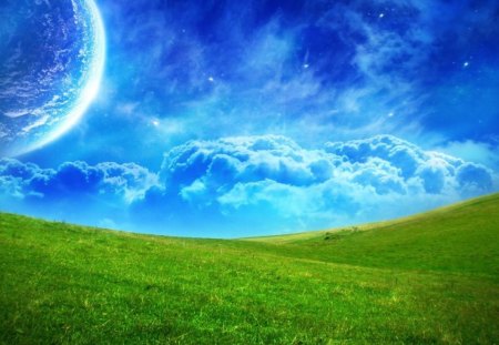 Landscape - moon, green, landscape, grass