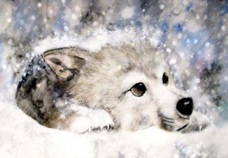 Winter... - wolf, painting, animals, snow, winter, dogs, pup