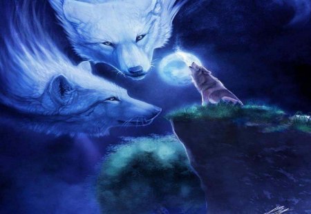 Wolf Moon - moon, abstract, fantasy, cliff, animals, wolves