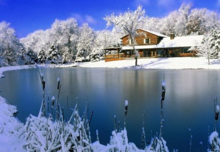 Winter Scene - winter, water, cabin, snow, sky