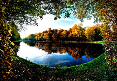 Autumn - pretty, autumn colors, splendor, landscape, grass, reflection, leaves, view, autumn splendor, lake, sky, clouds, trees, water, beautiful, beauty, colors, lovely, tree, fall, nature, autumn, autumn leaves, peaceful