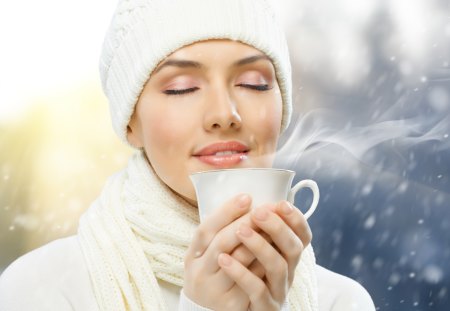 Coffee Time - pretty, female, snowflakes, eyes, face, hat, winter, beautiful, coffee, girl, beauty, lovely, sweet, hands, lips, hand, winter time, lady, woman, cup of coffee, coffee time, cup