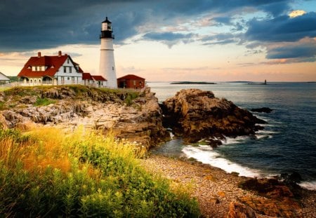 Sea lighthouse - clouds, water, summer, coast, lighthouse, beautiful, portland, sea, grass, ocean, lovely, riocks, nature, waves, nice, sky