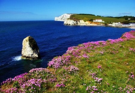 Rock in blue sea - summer, rocks, beautiful, village, cottage, cabin, ocean, grass, horizons, fresh, field, nature, colorful, villas, meadow, pretty, water, flowers, blue, sky, sunny, freshness, houses, coast, nice, lovely, sea