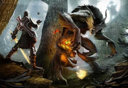 Werewolf - werewolf, game, sword, night, forest, light, beast, tree, knight, creature, fantasy, animal, halloween