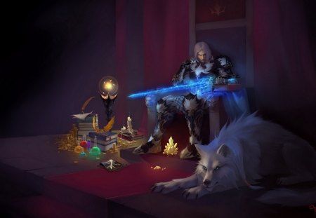 Waiting - waiting, blue, night, light, man, beast, red, halloween, weapon, art, werewolf, game, candle, sword, lantern, knight, creature, black, white