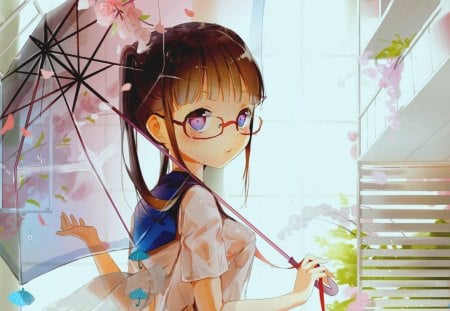 My umbrella - autumn, glasses, girl, rain, fantasy, spring, blue, umbrella, pink, anime, manga