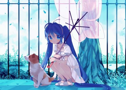 Hatsune Miku - hatsune miku, autumn, girl, leaf, umbrella, dog, blue, anime, animal, manga