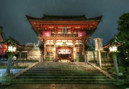 Japanese Temple - lights, tempel, night, religious, japanese