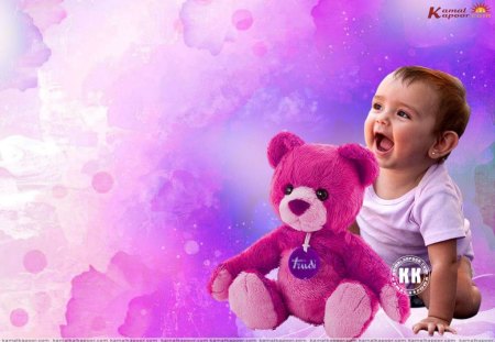 'Baby Smiling Happily' - attractions in dreams, photomanipulation, people, bear, 3d and cg, baby boy, creative pre-made, love four seasons, abstract, purple, most downloaded, pretty, boy, backgrounds, cute, happy