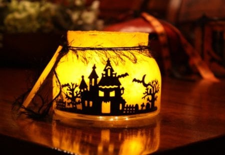 Spooky Haunted House Lantern♥ - house, yellow, forever, candle, fashion, entertainment, love, light, lantern, fall, black, spooky, autumn, halloween, centerpiece