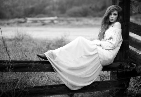 October - woman, beauty, autumn, fence, girl, photography, black and white, nature, fall, october, beautiful