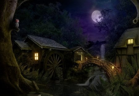 Fantasy Mill - moon, art, old, fantasy, mill