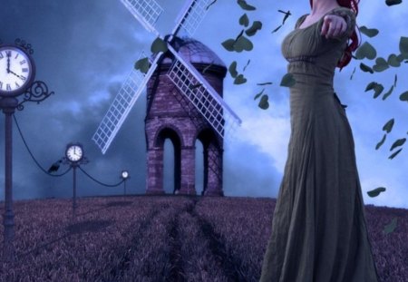 You - storm, girl, fantasy, windmill