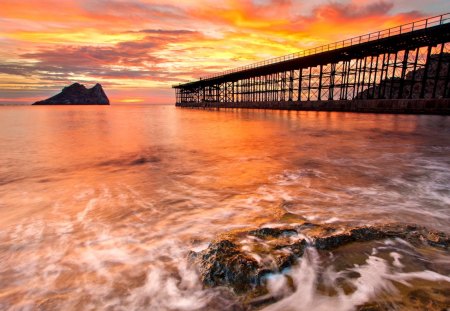 Seascape - beauty, sky, ocean waves, peaceful, sunset, view, reflection, clouds, bridge, ocean, seascape, lovely, waves, nature, pier, beautiful, splendor, sunrise, sea