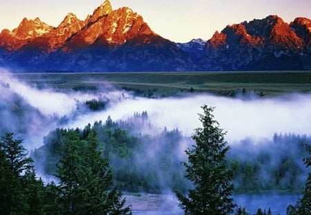 Grand Teton National Park at Dawn, Wyoming - wyoming, valley, sky, trees, evergreens, white, orange, green, land, mountain, daylight, day, nature, forest, canyon, dawn, fog