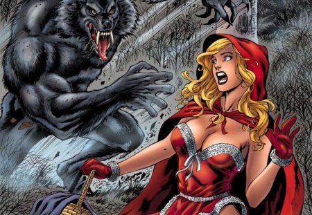 Red Riding Hood - werewolf, wolf, forest, fang, tree, scary, creature, black, fantasy, animal, little red riding hood, autumn, halloween