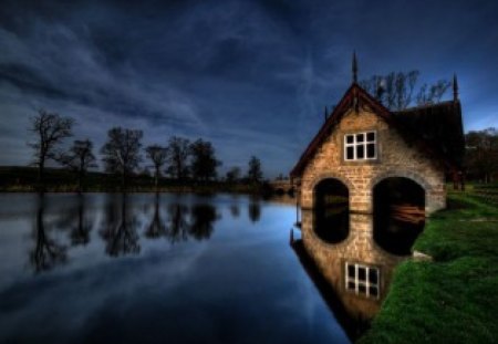 Boat House - house, water, blue, boat