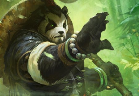 World of Warcraft: Mists of Pandaria - kung fu, world of warcraft mists of pandaria, warrior, animals, 1080p, hd, green eyes, games, warcraft, world of warcraft, panda, video games