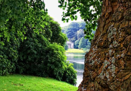 Lovely view - calm, summer, grass, reflection, shore, view, lake, nice, castle, greenery, branches, trees, beautiful, lovely, river, nature, tranquility, green, serenity, peaceful