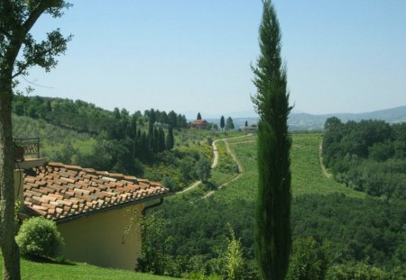 Beautiful view in Tuscany - trees, summer, blue, fields, tuscany, mountain, tree, path, nature, roof, view, green, italy, sky