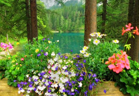 Emerald lake and mountain - nice, trees, colorful, greenery, reflection, pretty, emerald, green, lake, fresh, mountain, shore, slopes, lovely, peaks, nature, floral, beautiful, flowers