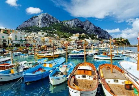 Capri - sky, italy, dock, water, clear, mirrored, coast, crystal, refelction, river, lake, boats, mountain, summer, capri, shore, pier, blue, island, sea, europe