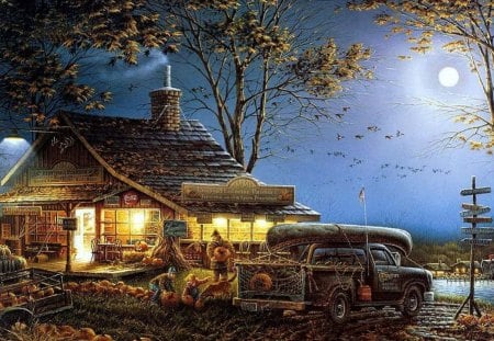 Terry Redlin. Autumn Traditions - farm, autumn, night, hause, painting, fall, art, traditions, punpkin, terry redlin