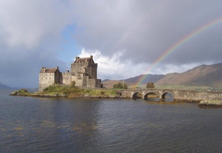 Eilean Donan Castle - mountains, rainbow, scotland, castle