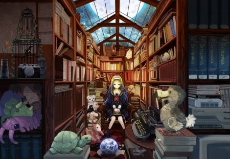 Library - manga, anime, library, blue, red, girl, books, toy